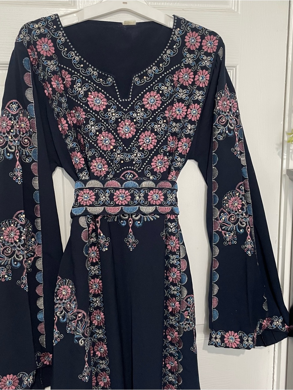 Palestinian Thobe Navy Floral Embroidered Long Sleeve Women's Dress